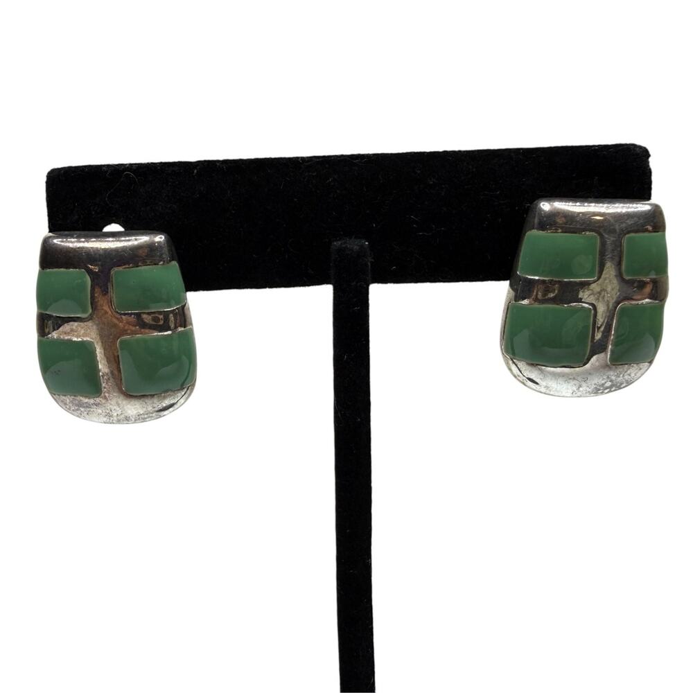 Vintage MJ Silver Tone Green Enamel Geometric Earrings Fashion Jewelry 1"